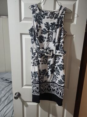 Voir Voir White Dress with Navy Floral Print and Belt